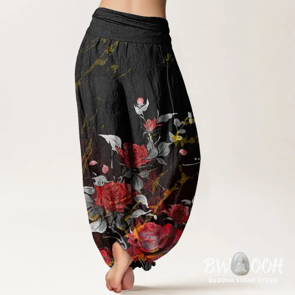 Buddha Stones Cotton Blooming Roses Pattern Women’s Elastic Waist Harem Pants - Women’s Harem Pants