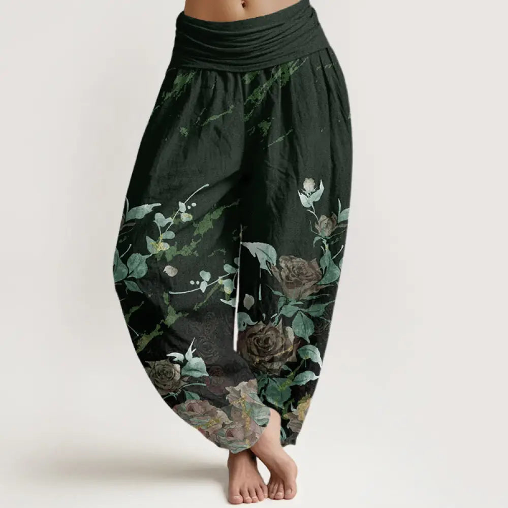 Buddha Stones Cotton Blooming Roses Pattern Women’s Elastic Waist Harem Pants - DarkGreen / US2，UK/AU6，EU34 (XS)