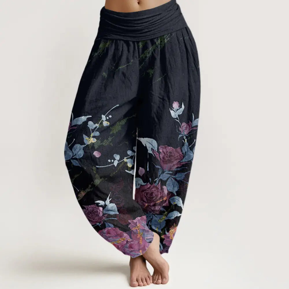 Buddha Stones Cotton Blooming Roses Pattern Women’s Elastic Waist Harem Pants - DarkSlateGray / US2，UK/AU6，EU34 (XS)