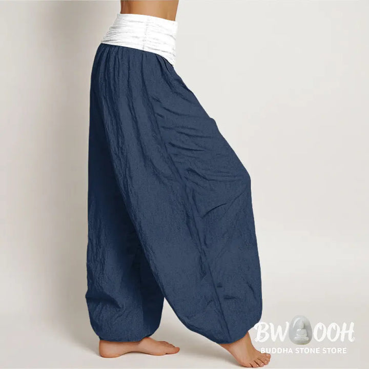 Buddha Stones Cotton Blue Black Gray Solid Color Women’s Elastic Waist Harem Pants - Women’s Harem Pants
