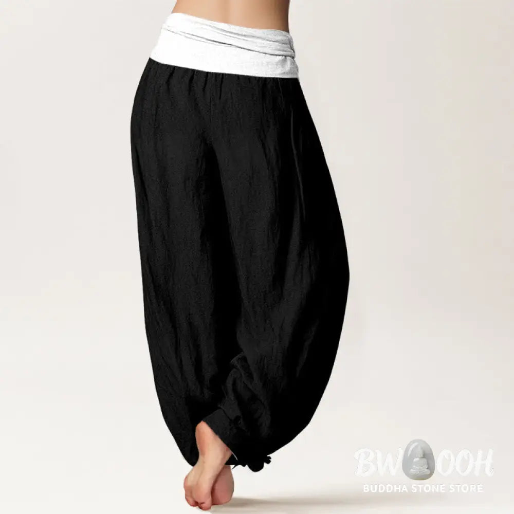 Buddha Stones Cotton Blue Black Gray Solid Color Women’s Elastic Waist Harem Pants - Women’s Harem Pants