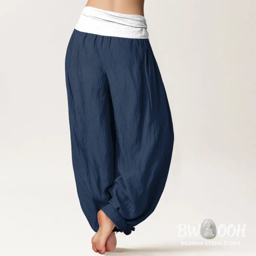Buddha Stones Cotton Blue Black Gray Solid Color Women’s Elastic Waist Harem Pants - Women’s Harem Pants