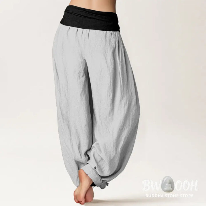 Buddha Stones Cotton Blue Black Gray Solid Color Women’s Elastic Waist Harem Pants - Women’s Harem Pants