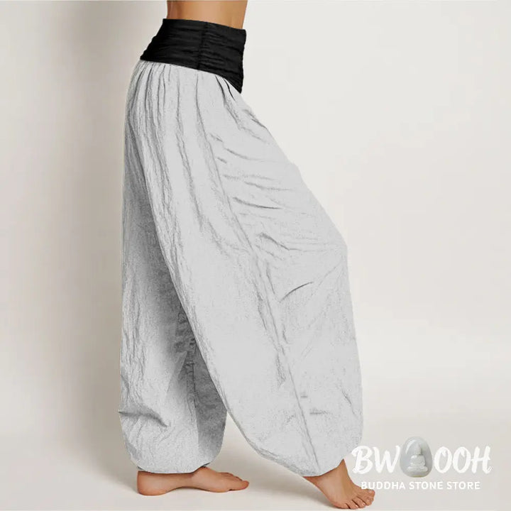 Buddha Stones Cotton Blue Black Gray Solid Color Women’s Elastic Waist Harem Pants - Women’s Harem Pants