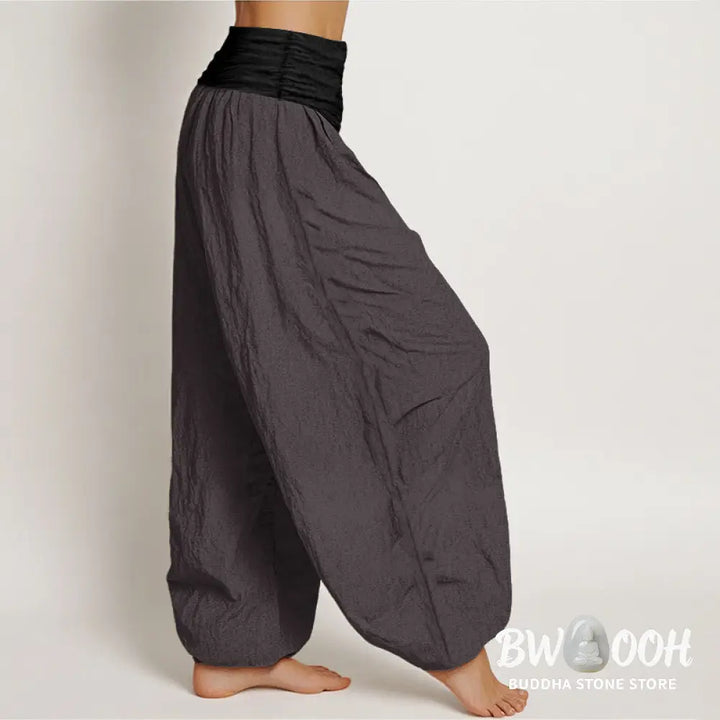 Buddha Stones Cotton Blue Black Gray Solid Color Women’s Elastic Waist Harem Pants - Women’s Harem Pants
