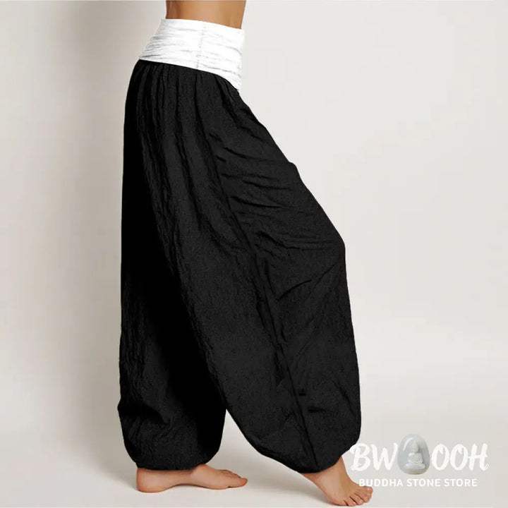 Buddha Stones Cotton Blue Black Gray Solid Color Women’s Elastic Waist Harem Pants - Women’s Harem Pants