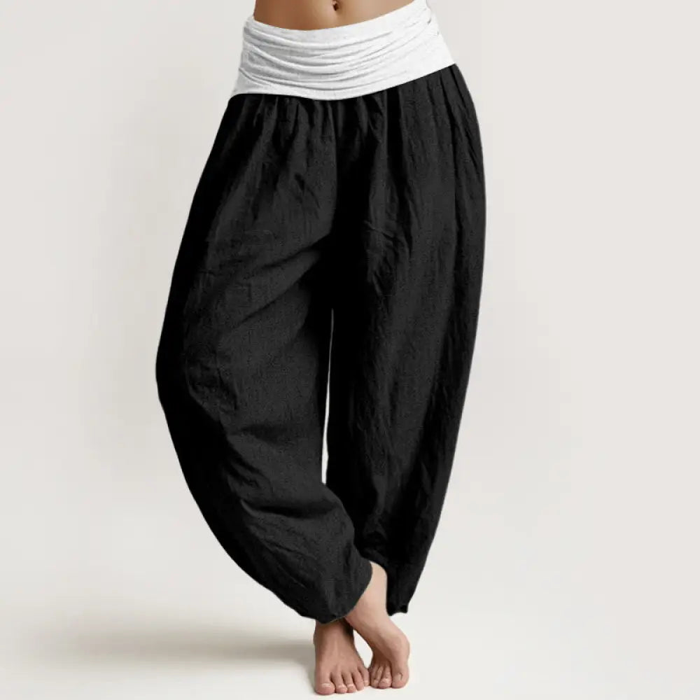 Buddha Stones Cotton Blue Black Gray Solid Color Women’s Elastic Waist Harem Pants - Black / US2，UK/AU6，EU34 (XS)