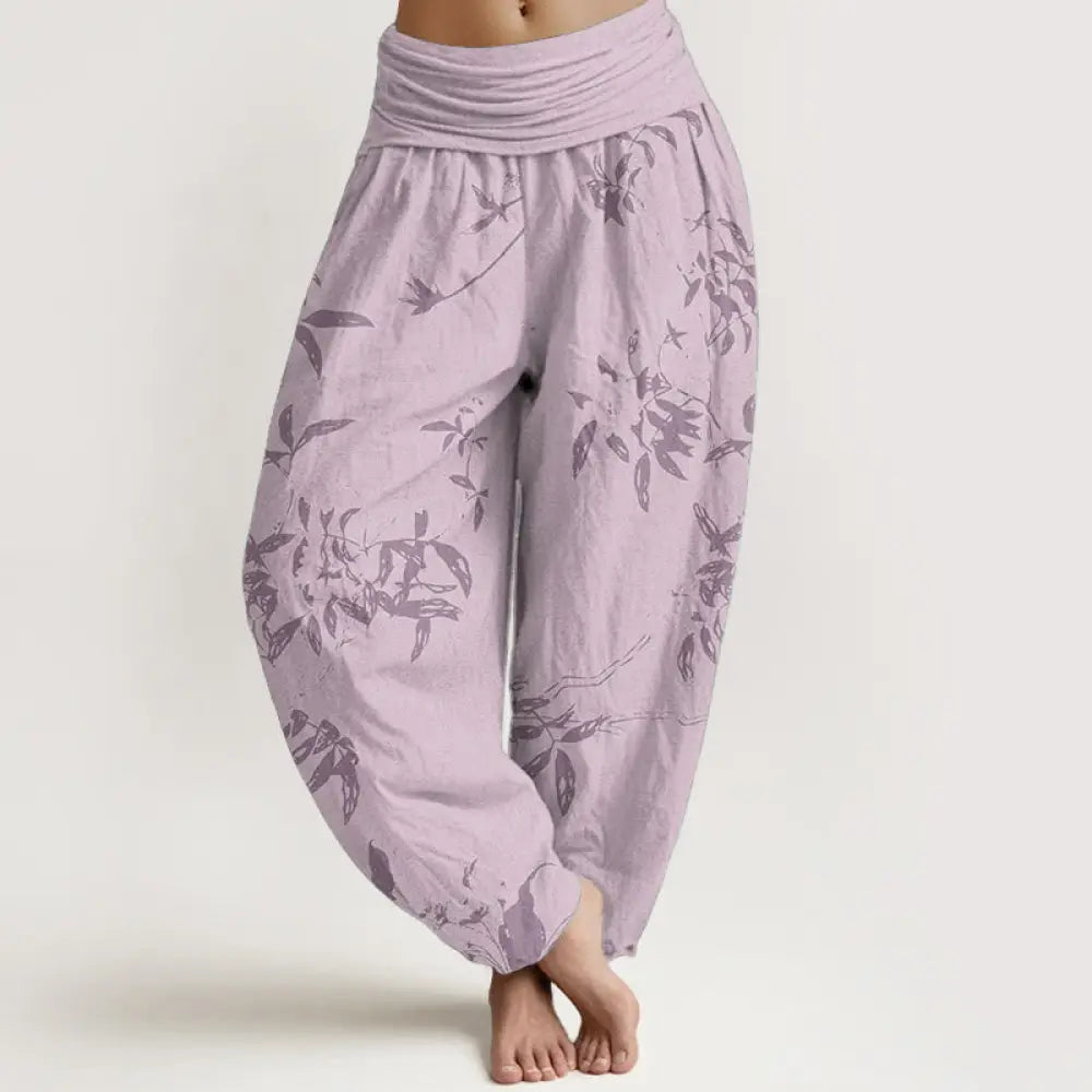Buddha Stones Cotton Branch Pattern Women’s Elastic Waist Harem Pants - Pink / US2，UK/AU6，EU34 (XS) - Women’s Harem