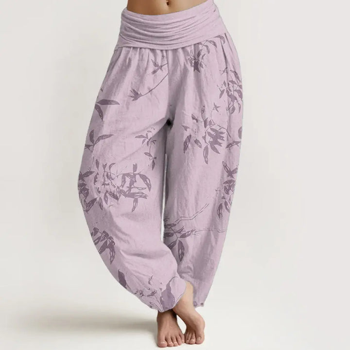 Buddha Stones Cotton Branch Pattern Women’s Elastic Waist Harem Pants - Pink / US2，UK/AU6，EU34 (XS) - Women’s Harem