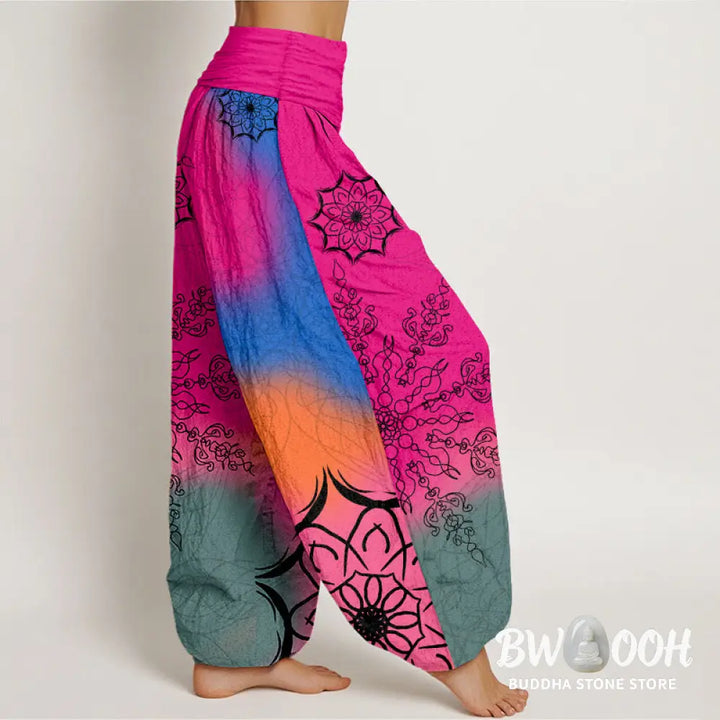Buddha Stones Cotton Brightly Colored Mandala Pattern Women’s Elastic Waist Harem Pants - Women’s Harem Pants