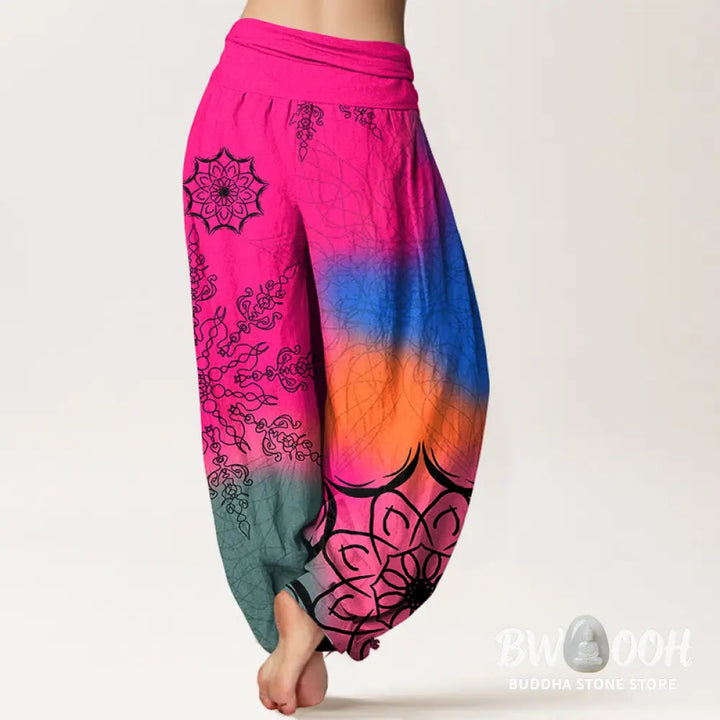 Buddha Stones Cotton Brightly Colored Mandala Pattern Women’s Elastic Waist Harem Pants - Women’s Harem Pants