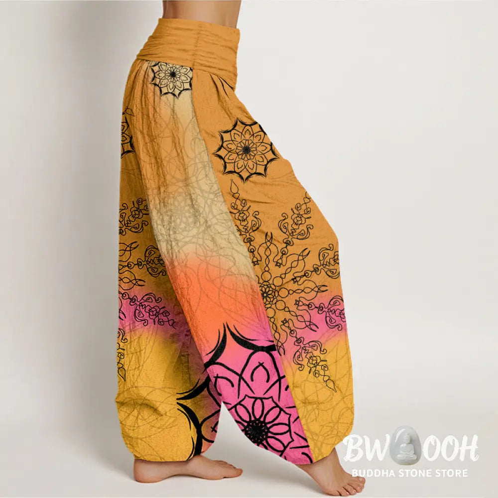 Buddha Stones Cotton Brightly Colored Mandala Pattern Women’s Elastic Waist Harem Pants - Women’s Harem Pants