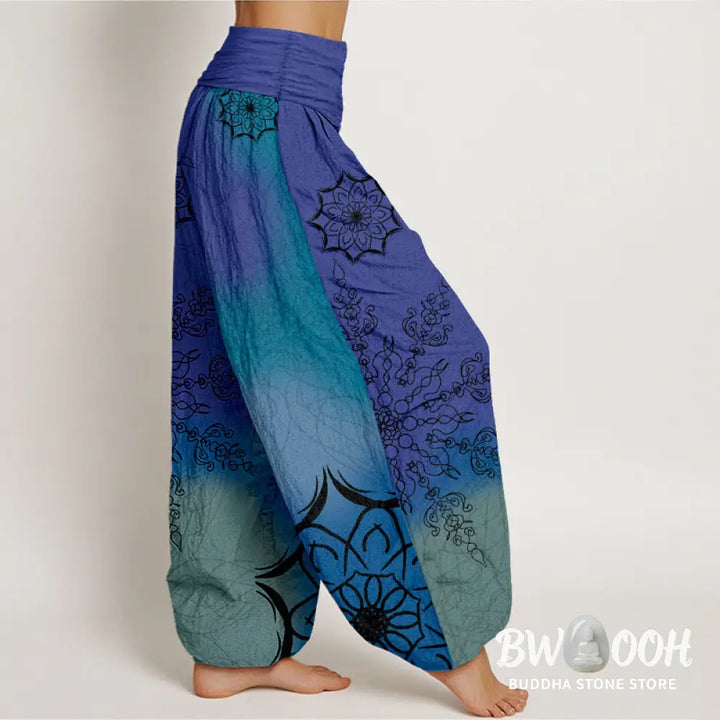 Buddha Stones Cotton Brightly Colored Mandala Pattern Women’s Elastic Waist Harem Pants - Women’s Harem Pants