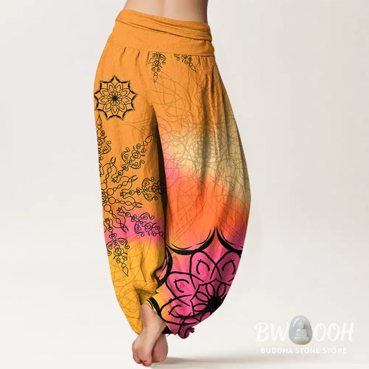 Buddha Stones Cotton Brightly Colored Mandala Pattern Women’s Elastic Waist Harem Pants - Women’s Harem Pants