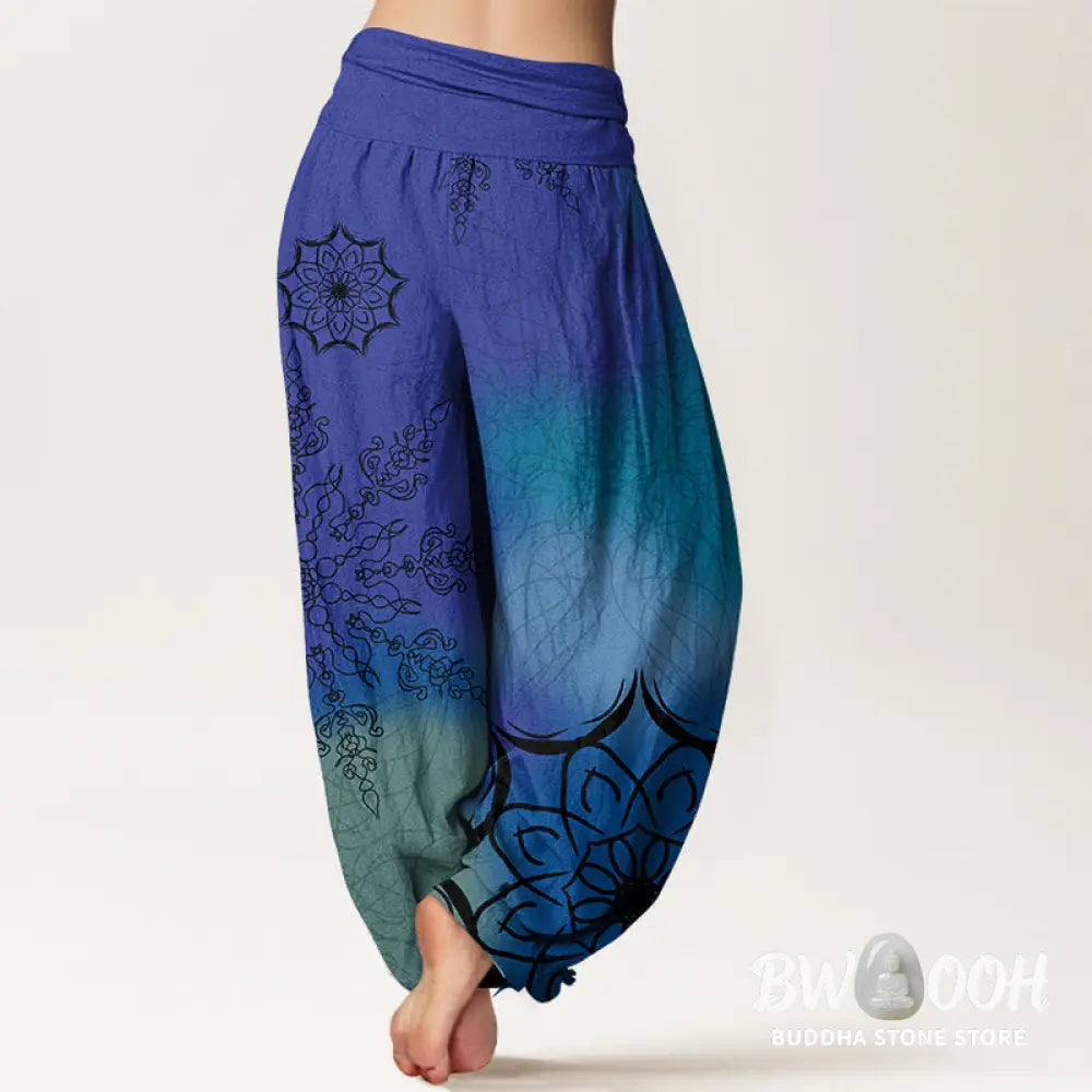 Buddha Stones Cotton Brightly Colored Mandala Pattern Women’s Elastic Waist Harem Pants - Women’s Harem Pants