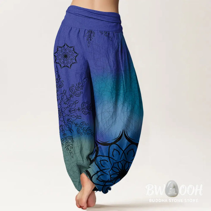 Buddha Stones Cotton Brightly Colored Mandala Pattern Women’s Elastic Waist Harem Pants - Women’s Harem Pants
