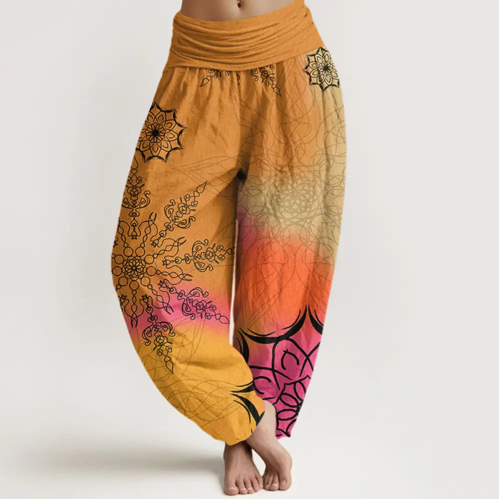 Buddha Stones Cotton Brightly Colored Mandala Pattern Women’s Elastic Waist Harem Pants - Goldenrod / US2，UK/AU6，EU34