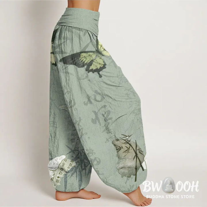 Buddha Stones Cotton Butterfly Bamboo Leaves Chinese Characters Pattern Women’s Elastic Waist Harem Pants - Women’s