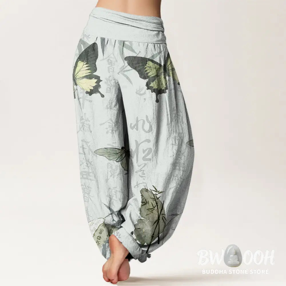Buddha Stones Cotton Butterfly Bamboo Leaves Chinese Characters Pattern Women’s Elastic Waist Harem Pants - Women’s