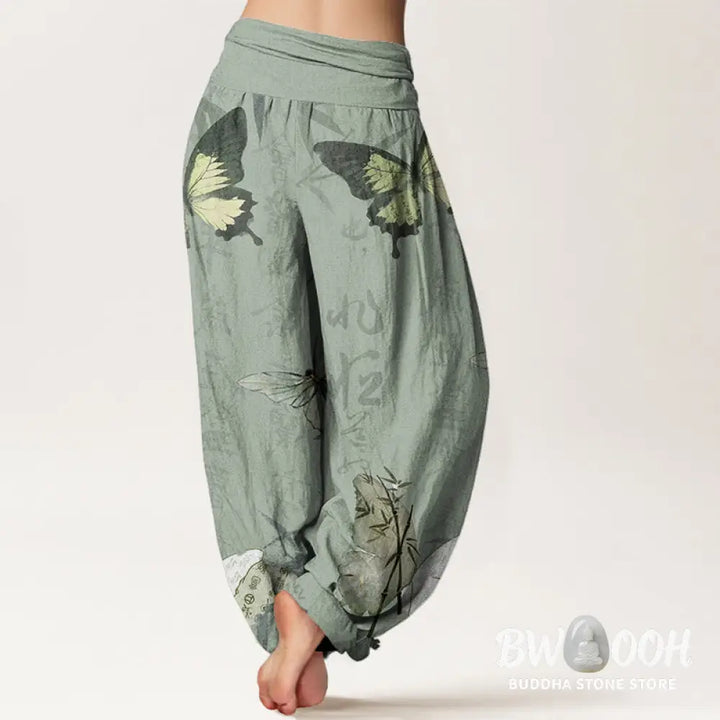 Buddha Stones Cotton Butterfly Bamboo Leaves Chinese Characters Pattern Women’s Elastic Waist Harem Pants - Women’s
