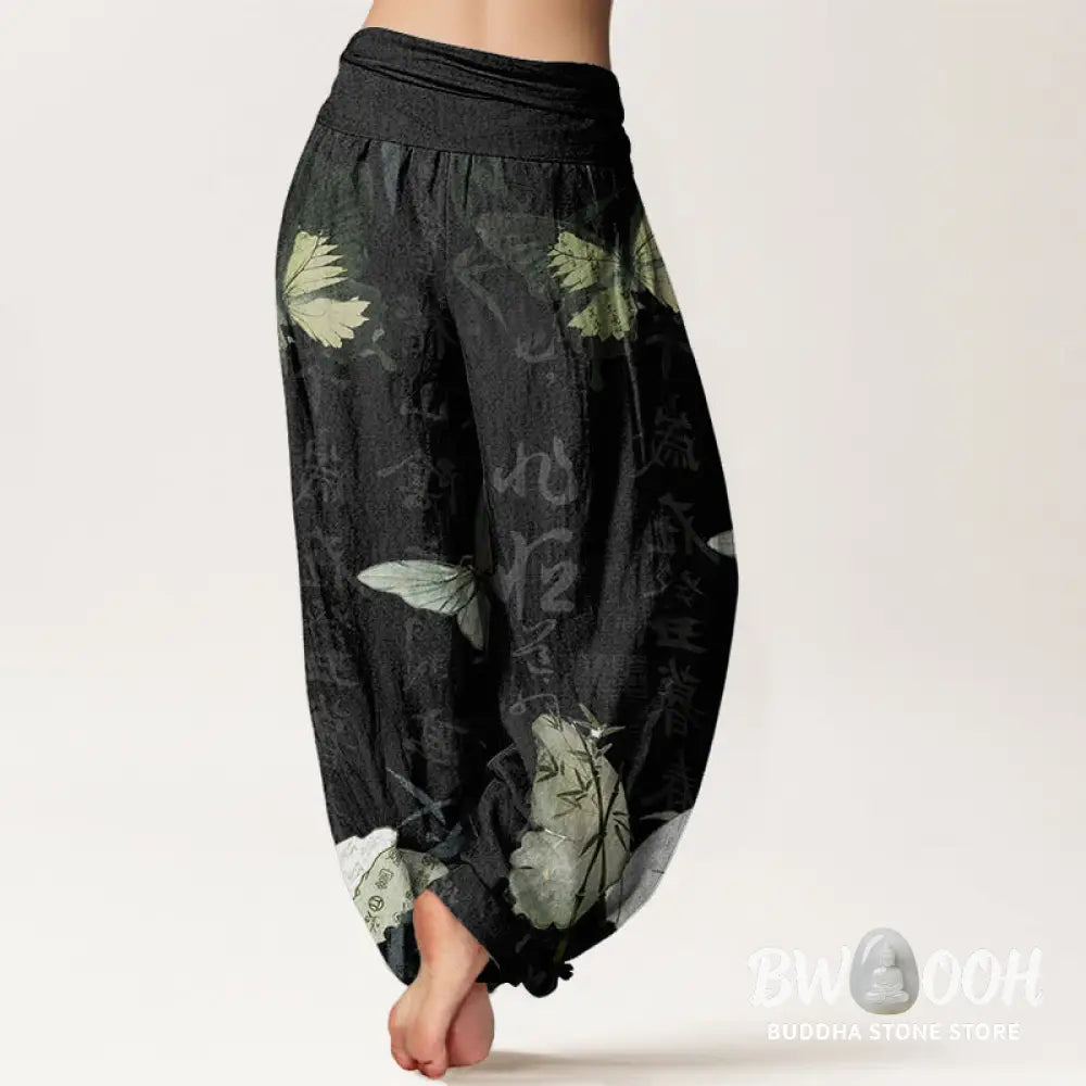 Buddha Stones Cotton Butterfly Bamboo Leaves Chinese Characters Pattern Women’s Elastic Waist Harem Pants - Women’s