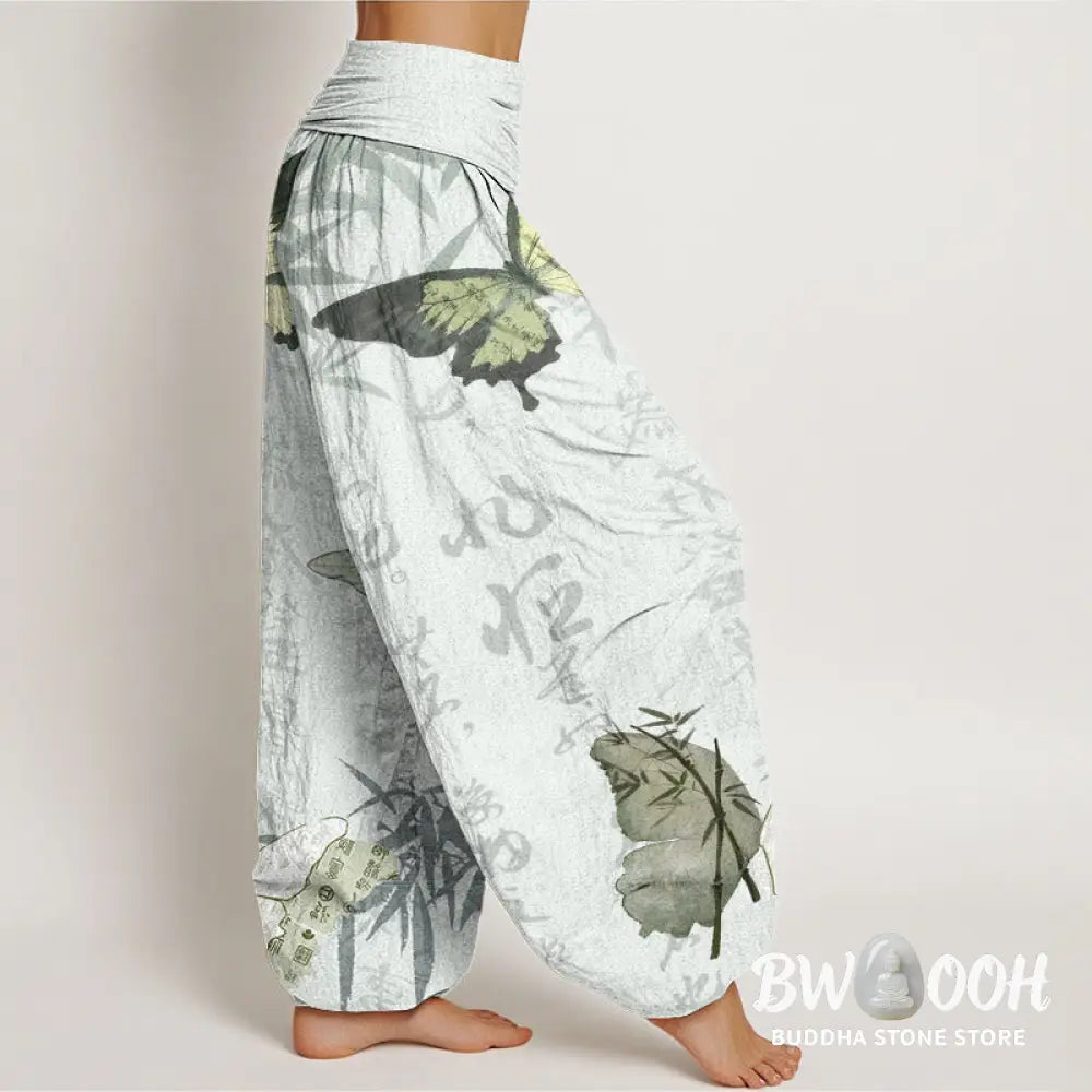 Buddha Stones Cotton Butterfly Bamboo Leaves Chinese Characters Pattern Women’s Elastic Waist Harem Pants - Women’s