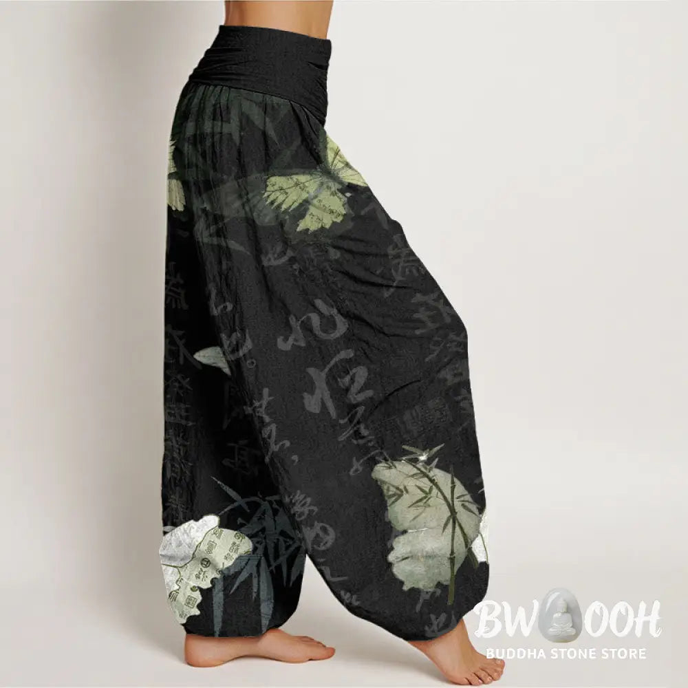 Buddha Stones Cotton Butterfly Bamboo Leaves Chinese Characters Pattern Women’s Elastic Waist Harem Pants - Women’s