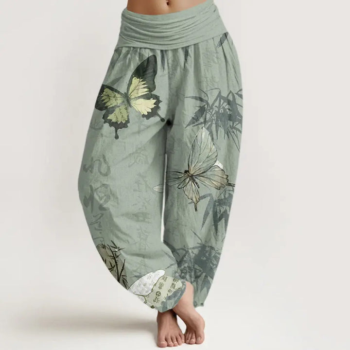 Buddha Stones Cotton Butterfly Bamboo Leaves Chinese Characters Pattern Women’s Elastic Waist Harem Pants