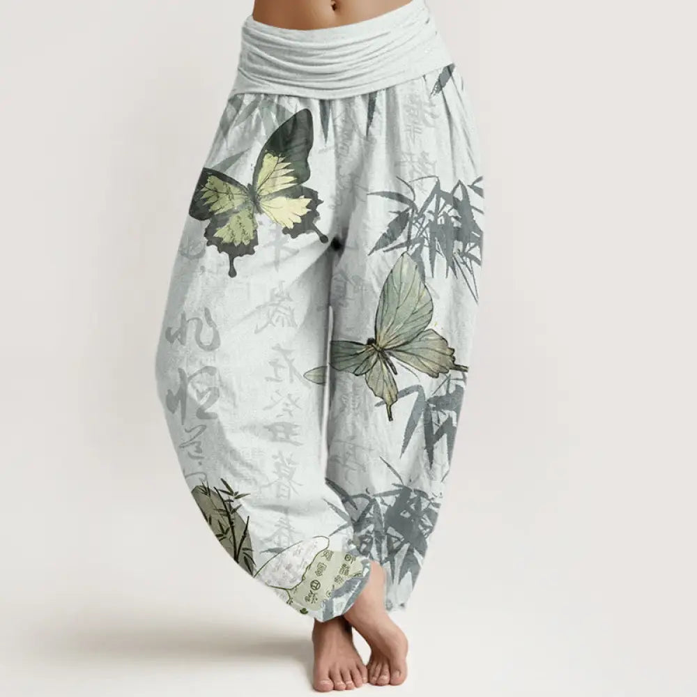 Buddha Stones Cotton Butterfly Bamboo Leaves Chinese Characters Pattern Women’s Elastic Waist Harem Pants - Honeydew