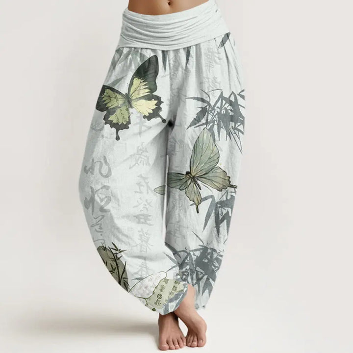 Buddha Stones Cotton Butterfly Bamboo Leaves Chinese Characters Pattern Women’s Elastic Waist Harem Pants - Honeydew