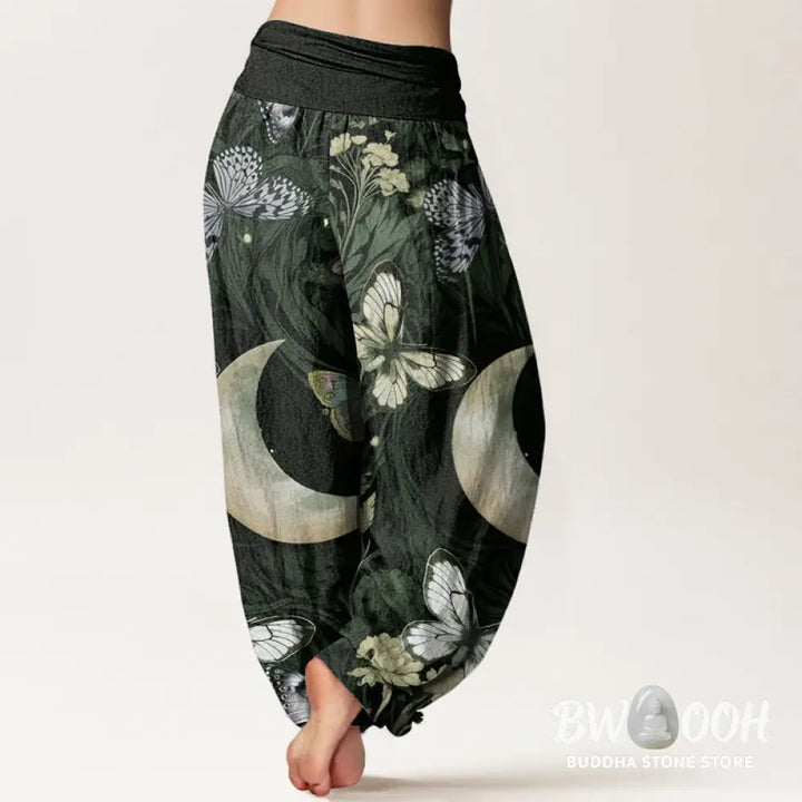 Buddha Stones Cotton Butterfly Flowers Crescent Moon Pattern Design Women’s Elastic Waist Harem Pants - Women’s Harem