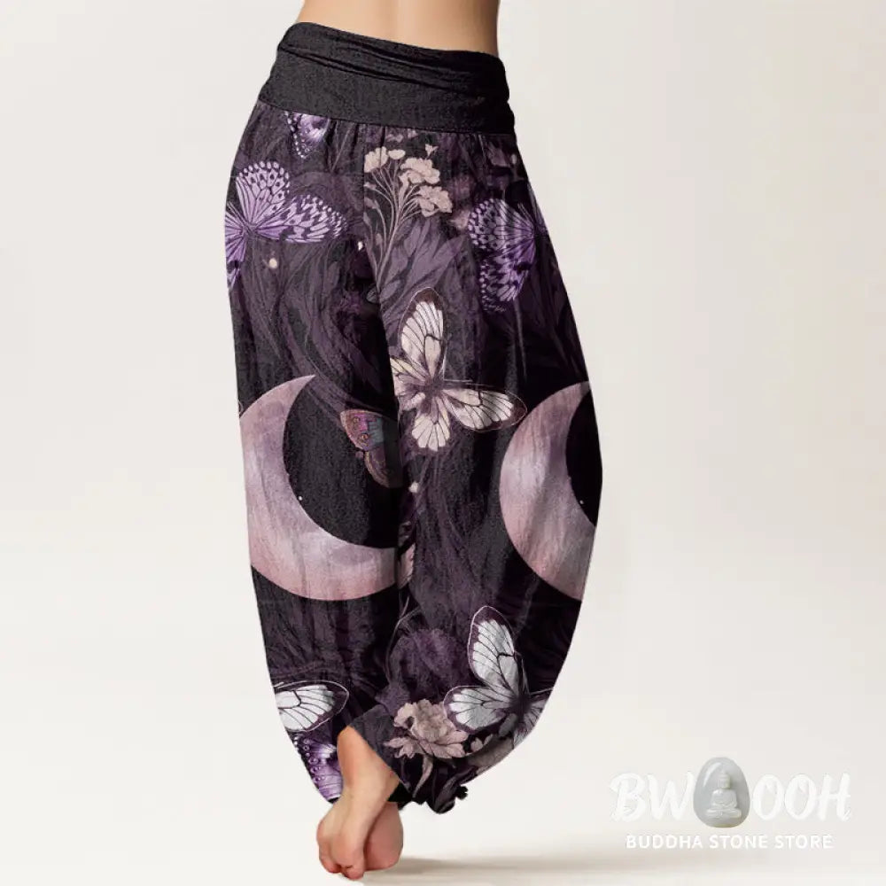 Buddha Stones Cotton Butterfly Flowers Crescent Moon Pattern Design Women’s Elastic Waist Harem Pants - Women’s Harem