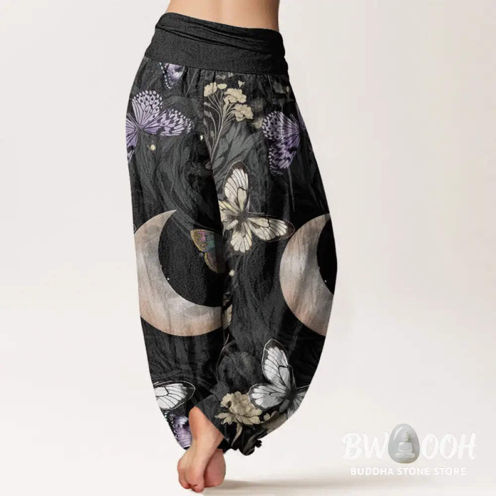 Buddha Stones Cotton Butterfly Flowers Crescent Moon Pattern Design Women’s Elastic Waist Harem Pants - Women’s Harem