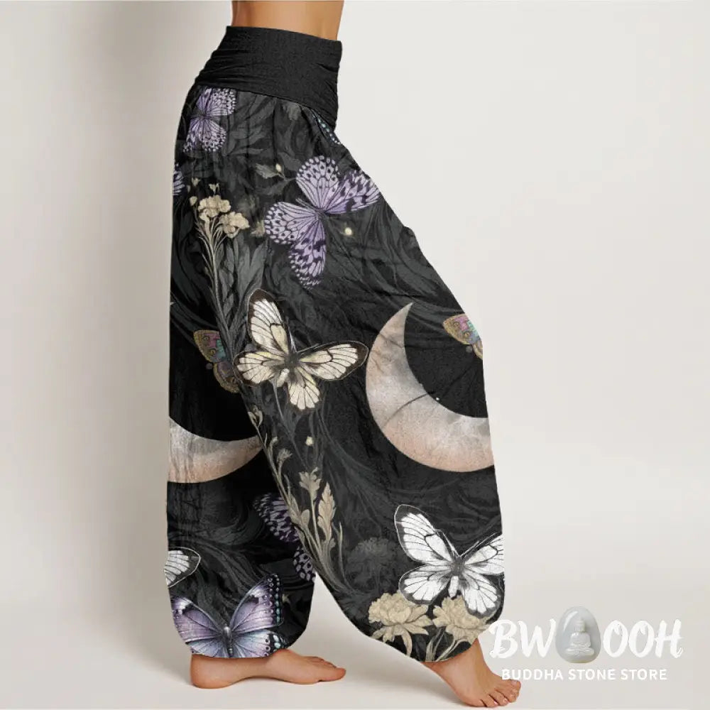 Buddha Stones Cotton Butterfly Flowers Crescent Moon Pattern Design Women’s Elastic Waist Harem Pants - Women’s Harem