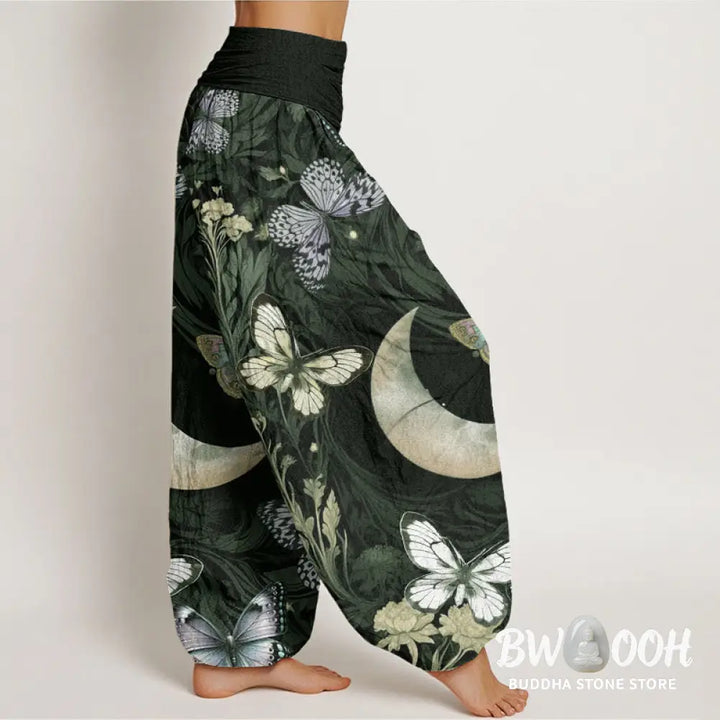 Buddha Stones Cotton Butterfly Flowers Crescent Moon Pattern Design Women’s Elastic Waist Harem Pants - Women’s Harem