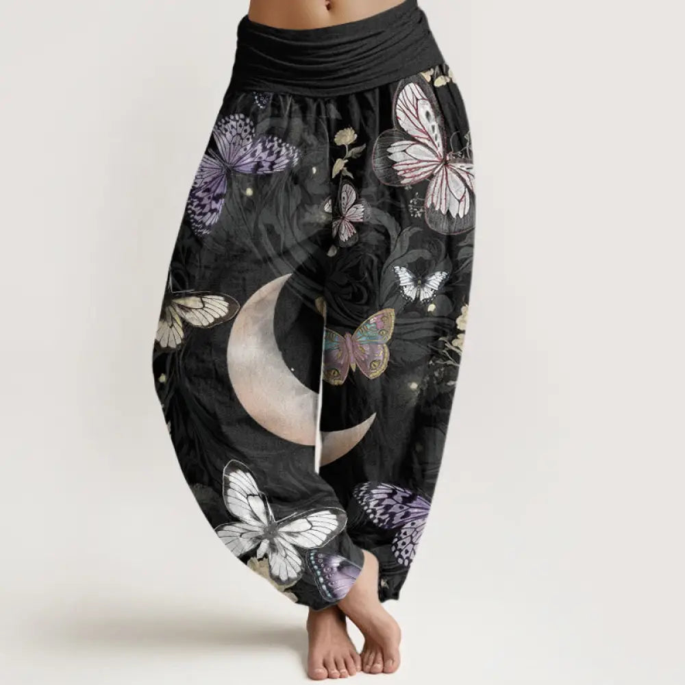 BWOOOH printed harem pants - Cotton Butterfly Flowers Crescent Moon P