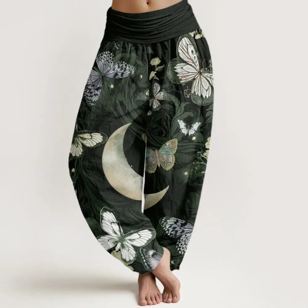 Buddha Stones Cotton Butterfly Flowers Crescent Moon Pattern Design Women’s Elastic Waist Harem Pants - DarkSlateGray