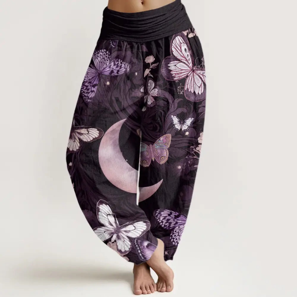 Buddha Stones Cotton Butterfly Flowers Crescent Moon Pattern Design Women’s Elastic Waist Harem Pants - Plum