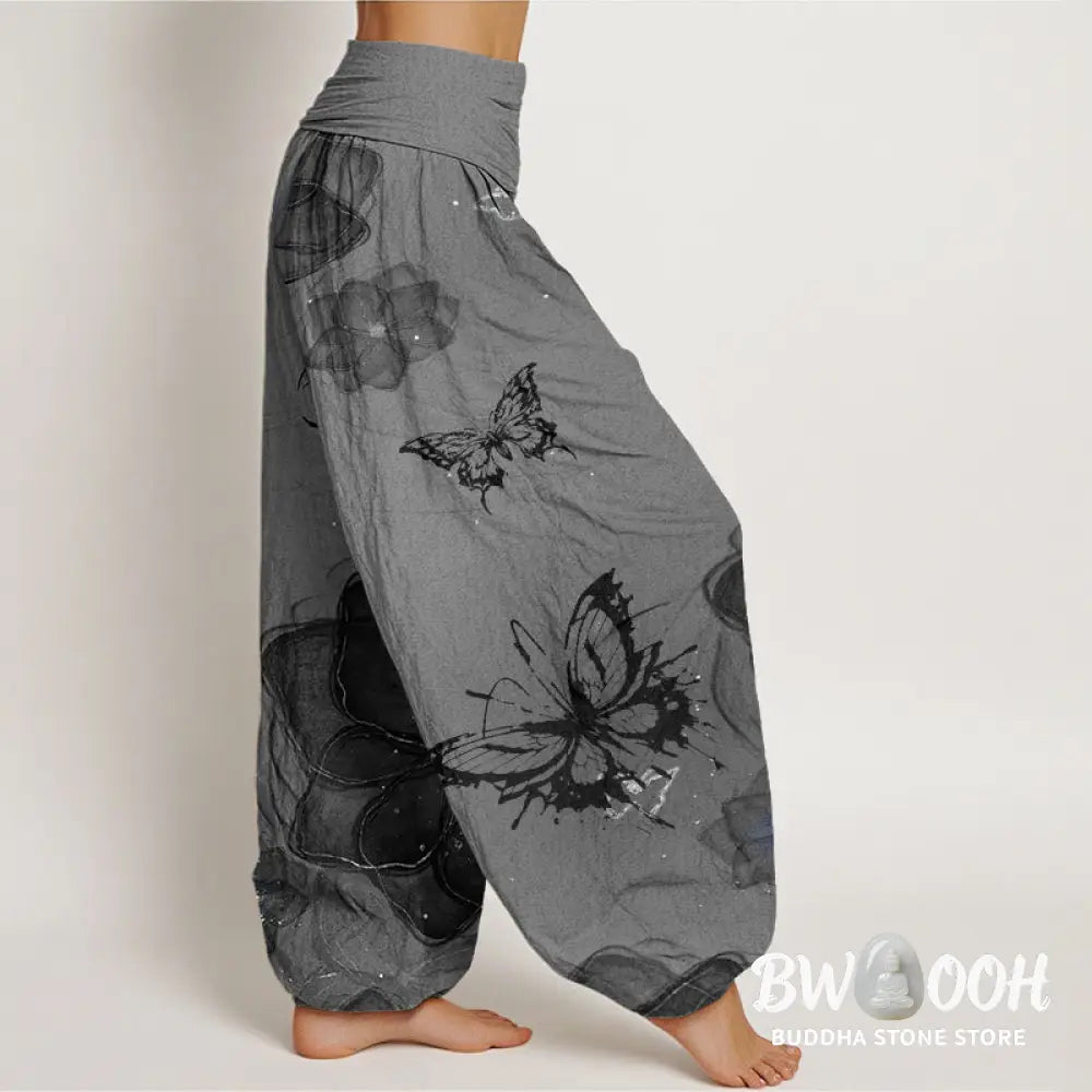Buddha Stones Cotton Butterfly Flowers Pattern Women’s Elastic Waist Harem Pants - Women’s Harem Pants