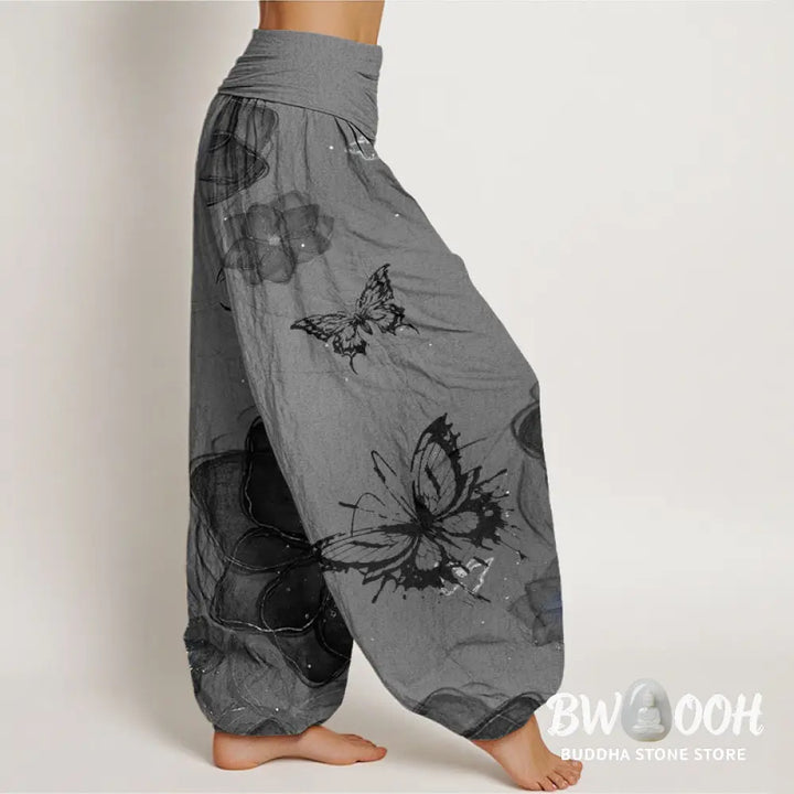 Buddha Stones Cotton Butterfly Flowers Pattern Women’s Elastic Waist Harem Pants - Women’s Harem Pants