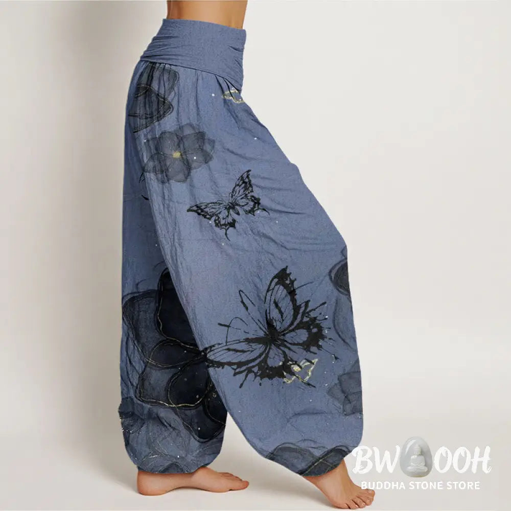 Buddha Stones Cotton Butterfly Flowers Pattern Women’s Elastic Waist Harem Pants - Women’s Harem Pants