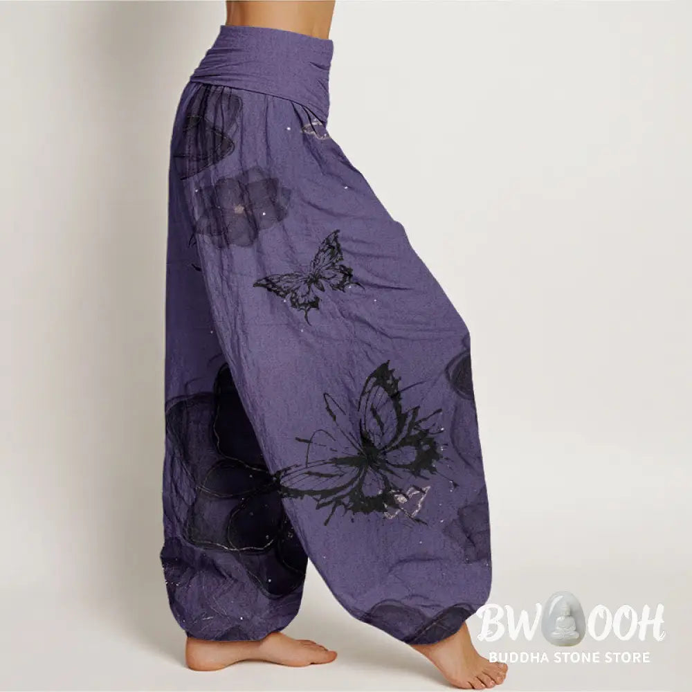 Buddha Stones Cotton Butterfly Flowers Pattern Women’s Elastic Waist Harem Pants - Women’s Harem Pants