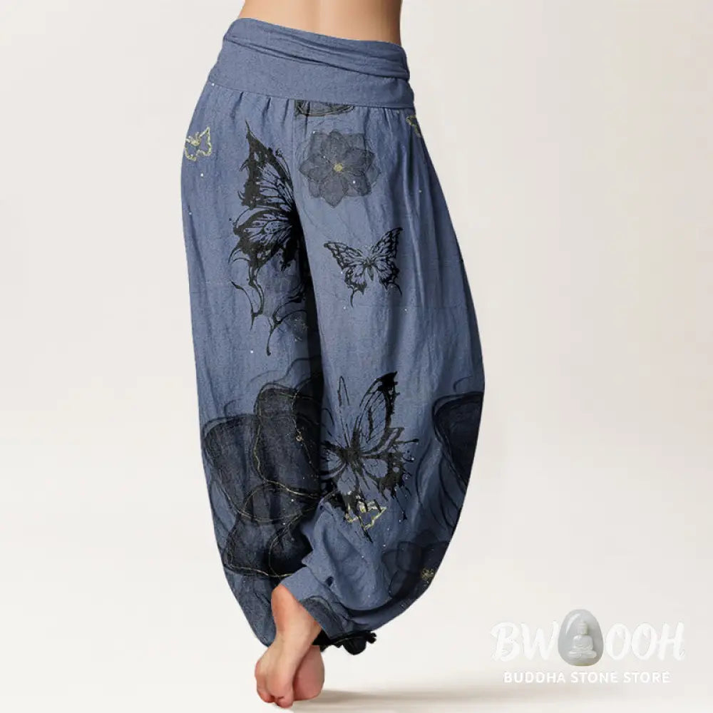 Buddha Stones Cotton Butterfly Flowers Pattern Women’s Elastic Waist Harem Pants - Women’s Harem Pants