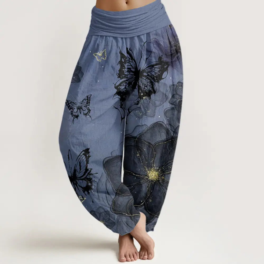 Buddha Stones Cotton Butterfly Flowers Pattern Women’s Elastic Waist Harem Pants - CornflowerBlue / US2，UK/AU6，EU34