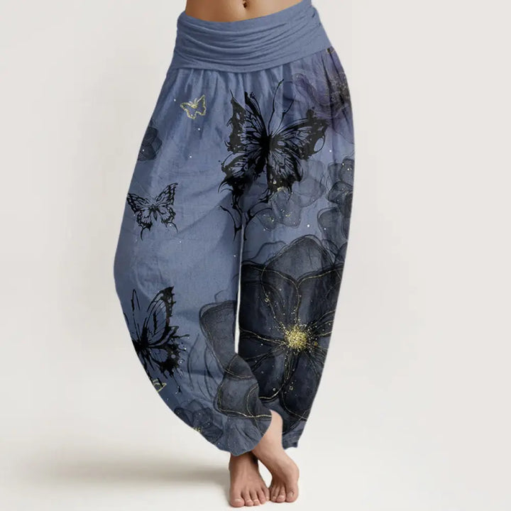 Buddha Stones Cotton Butterfly Flowers Pattern Women’s Elastic Waist Harem Pants - CornflowerBlue / US2，UK/AU6，EU34