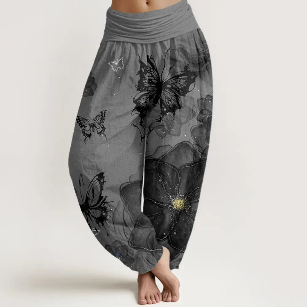 Buddha Stones Cotton Butterfly Flowers Pattern Women’s Elastic Waist Harem Pants - Gray / US2，UK/AU6，EU34 (XS)