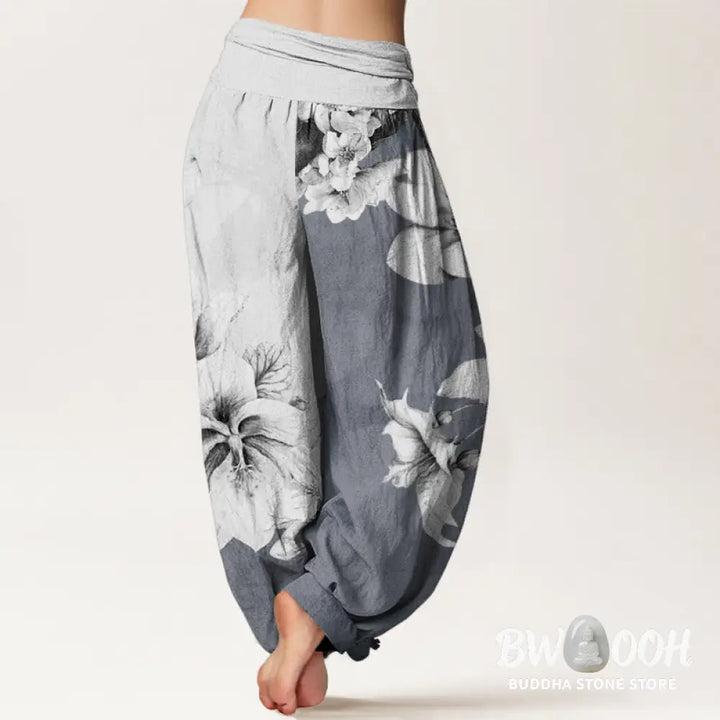 Buddha Stones Cotton Camellia Pattern Women’s Elastic Waist Harem Pants - Women’s Harem Pants