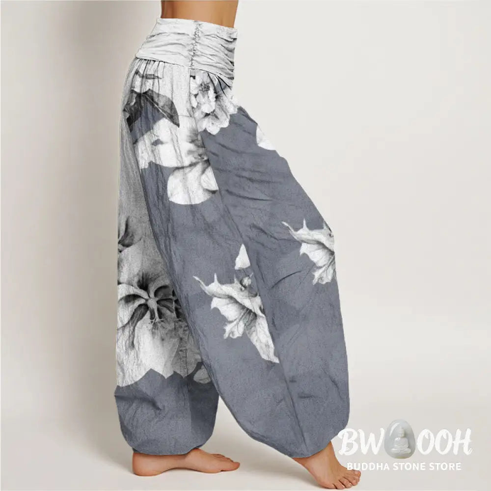 Buddha Stones Cotton Camellia Pattern Women’s Elastic Waist Harem Pants - Women’s Harem Pants