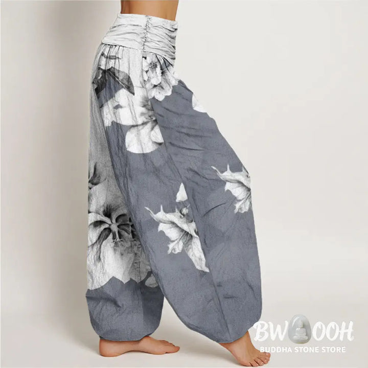 Buddha Stones Cotton Camellia Pattern Women’s Elastic Waist Harem Pants - Women’s Harem Pants