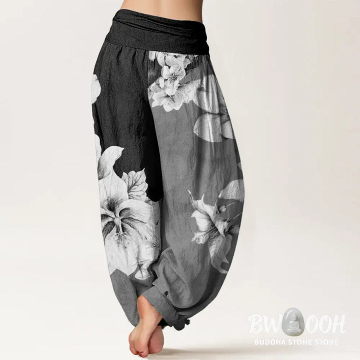 Buddha Stones Cotton Camellia Pattern Women’s Elastic Waist Harem Pants - Women’s Harem Pants